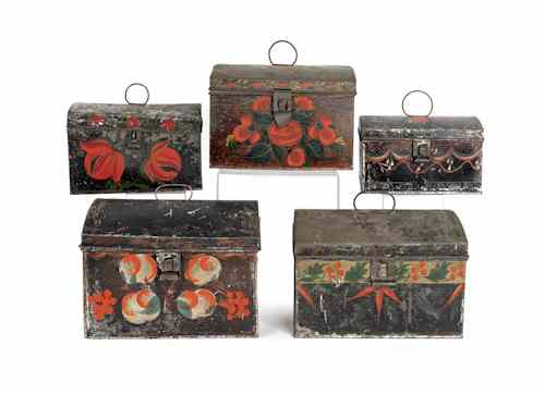 Appraisal: Five toleware dome lid boxes th c largest - h