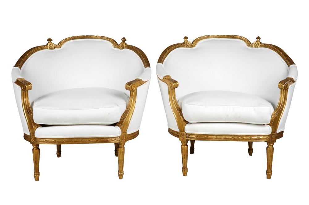 Appraisal: PAIR OF GOLD PAINTED BERGERESeach with white linen upholstery and