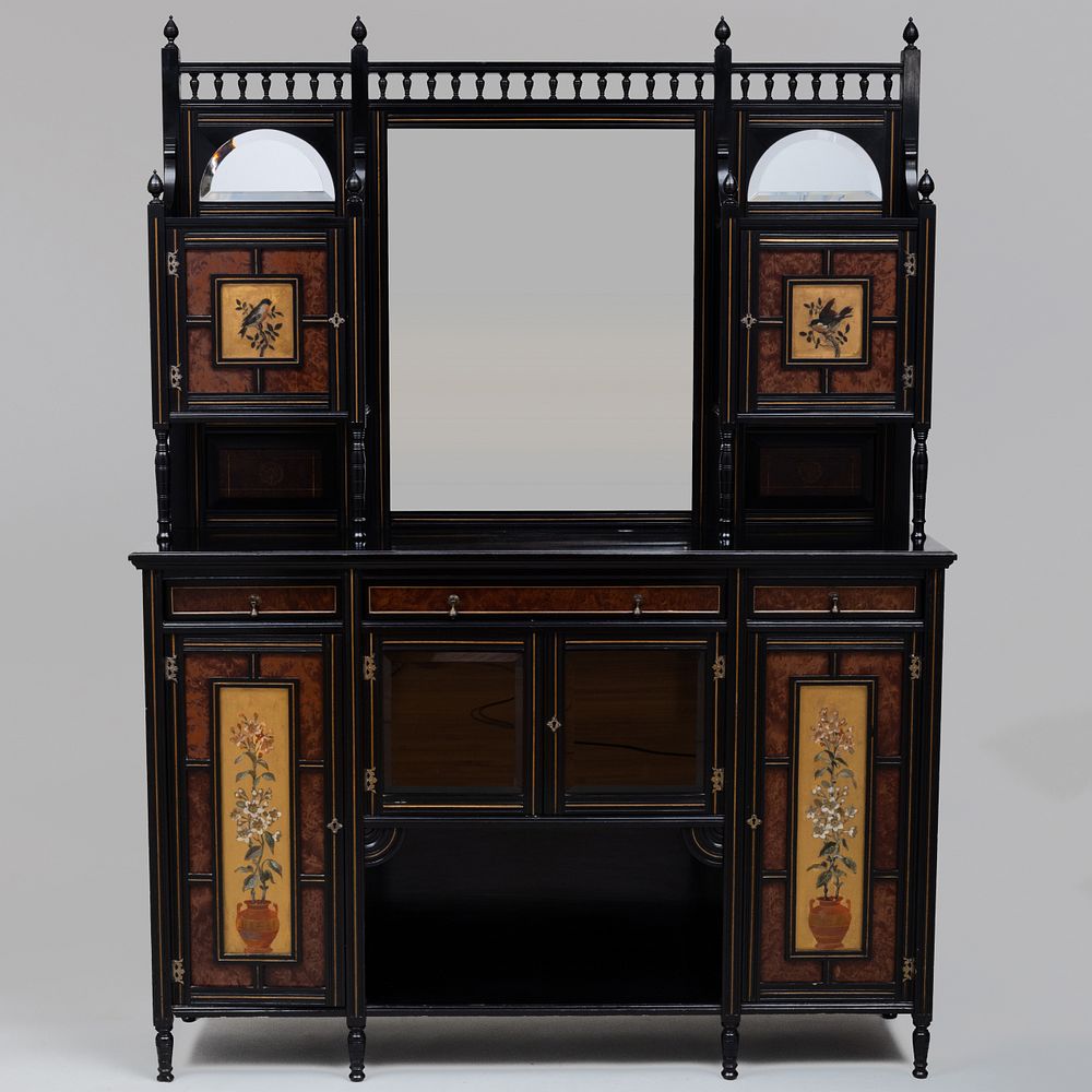 Appraisal: English Aesthetic Movement Ebonized and Polychrome Painted Cabinet In two