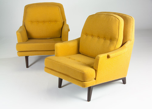 Appraisal: DUNBAR Pair of lounge chairs with original tufted ochre wool