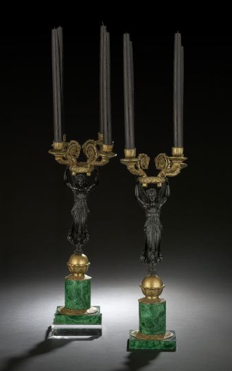 Appraisal: Pair of Russian Brass and Malachite Four-Light Nike Candelabra fourth