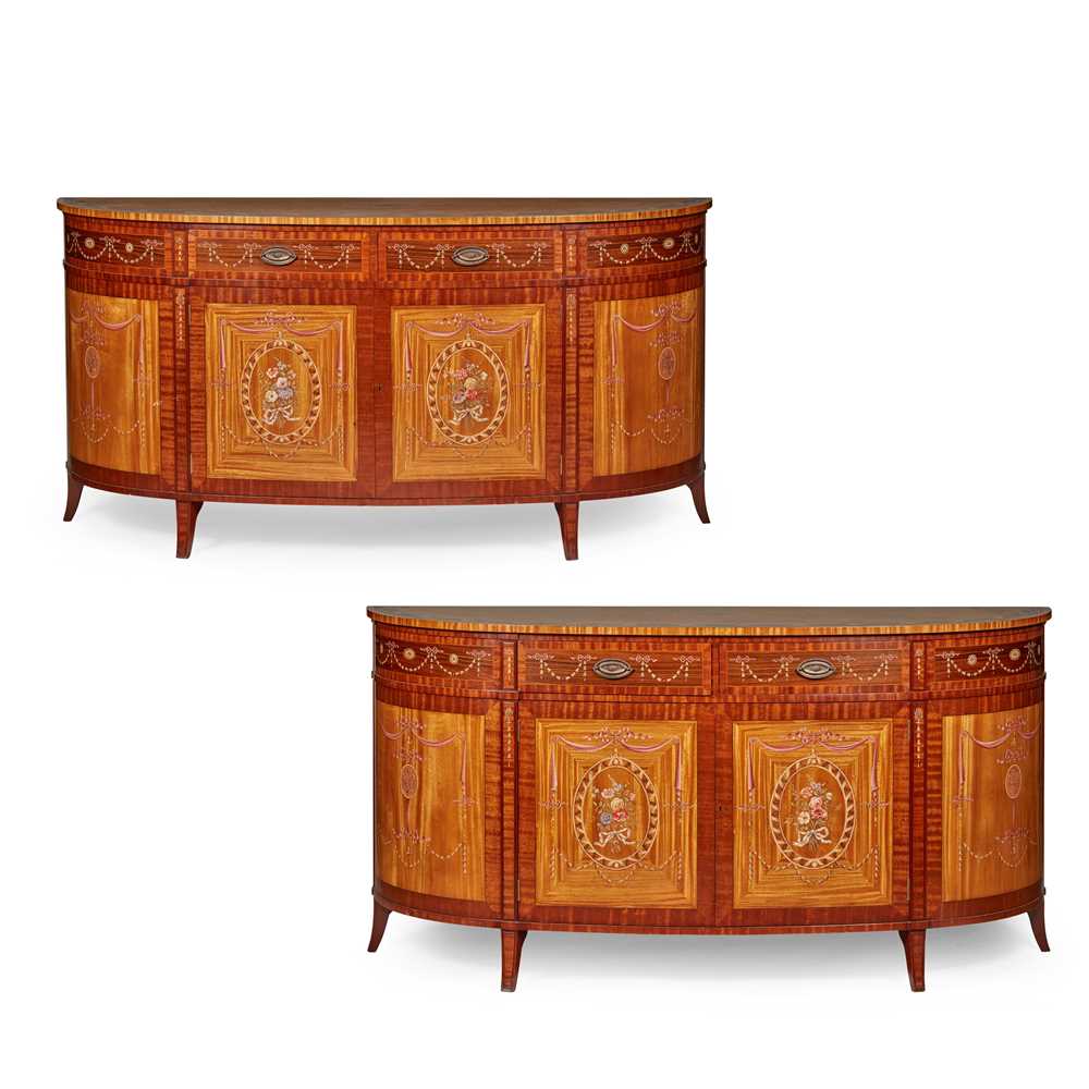 Appraisal: PAIR OF SHERATON STYLE PAINTED SATINWOOD AND MAHOGANY DEMI-LUNE CABINETS