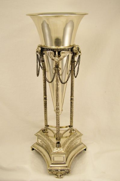 Appraisal: Silverplated Mantle Vase in Stand Trumpet insert claw footed base