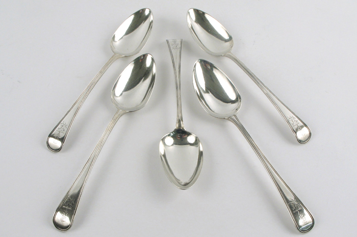 Appraisal: FIVE GEORGIAN LONDON STERLING SILVER TABLESPOONS English Sterling hallmark -