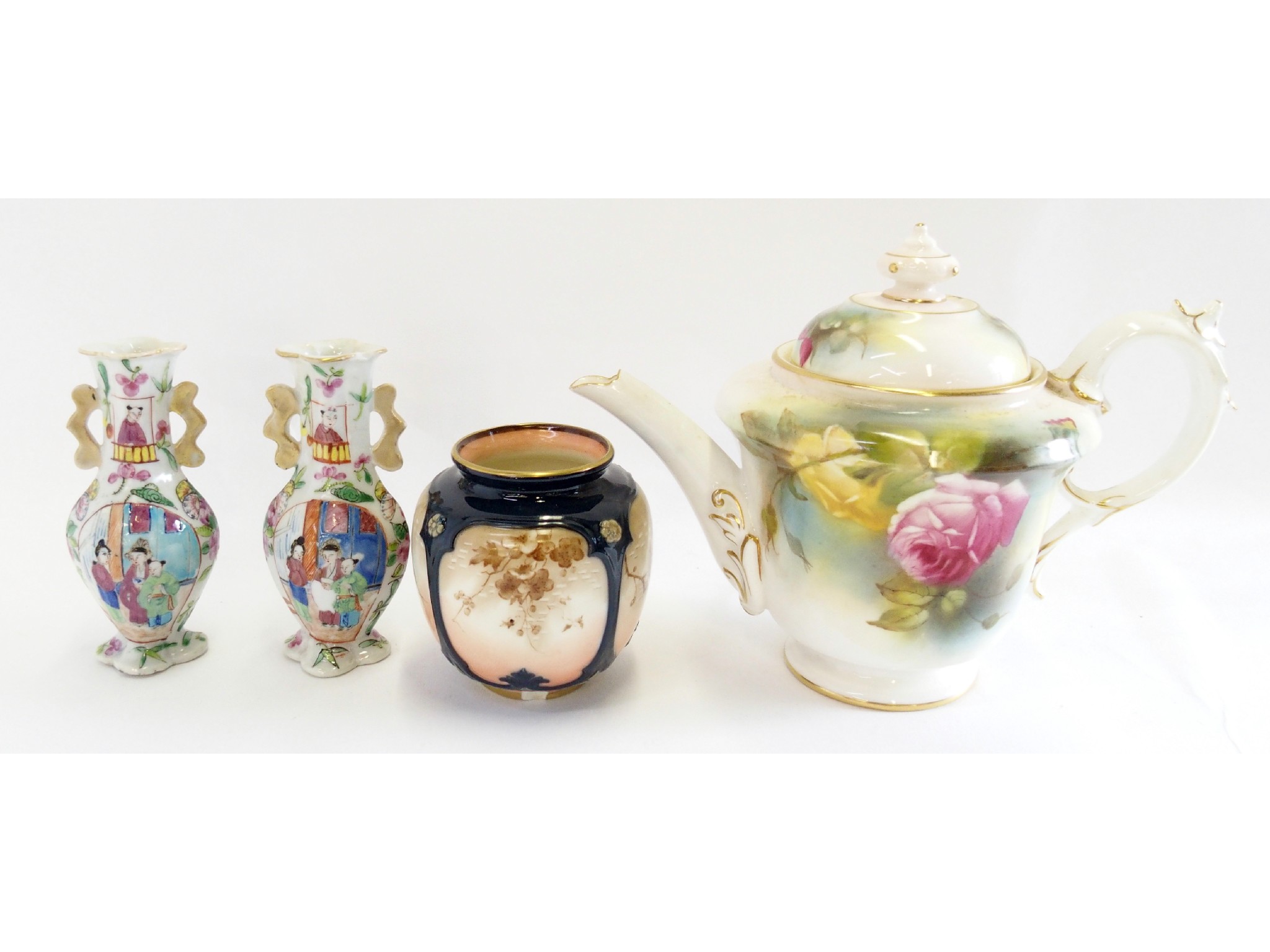 Appraisal: Royal Worcester painted porcelain teapot pair of Chinese bud vases