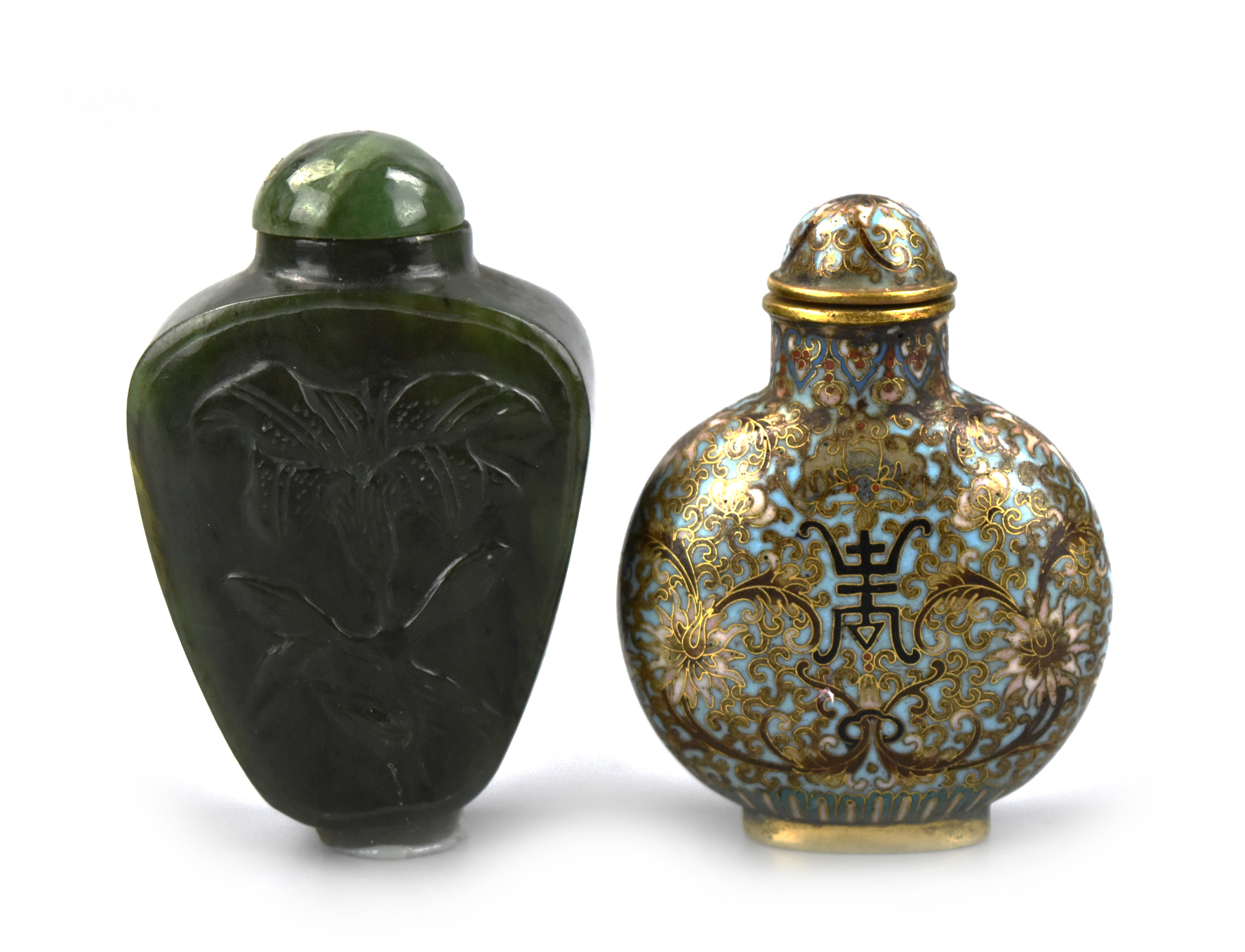 Appraisal: Chinese th C green jade carved snuff bottle sides and