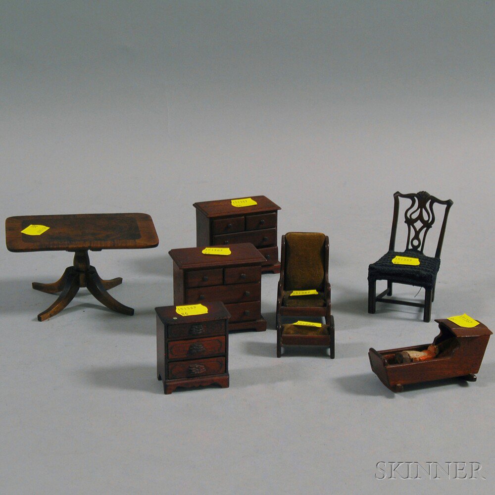 Appraisal: Eight Pieces of Miniature Furniture two Chippendale-style chests of drawers