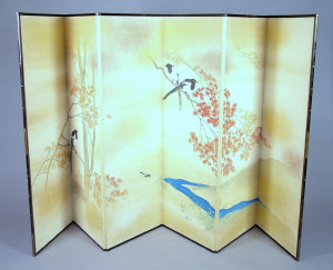 Appraisal: A Japanese six-fold silk screen Meiji period painted in opaque