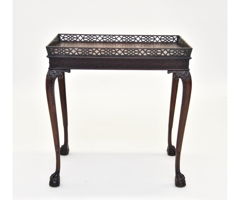 Appraisal: Chippendale style mahogany tray top tea Table with pierced fretwork