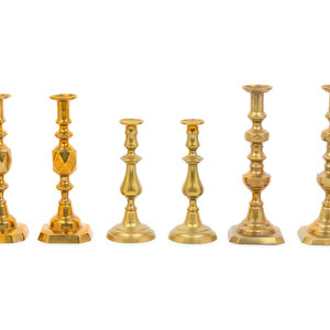 Appraisal: Three Pairs of English Brass Candlesticks Height of tallest inches