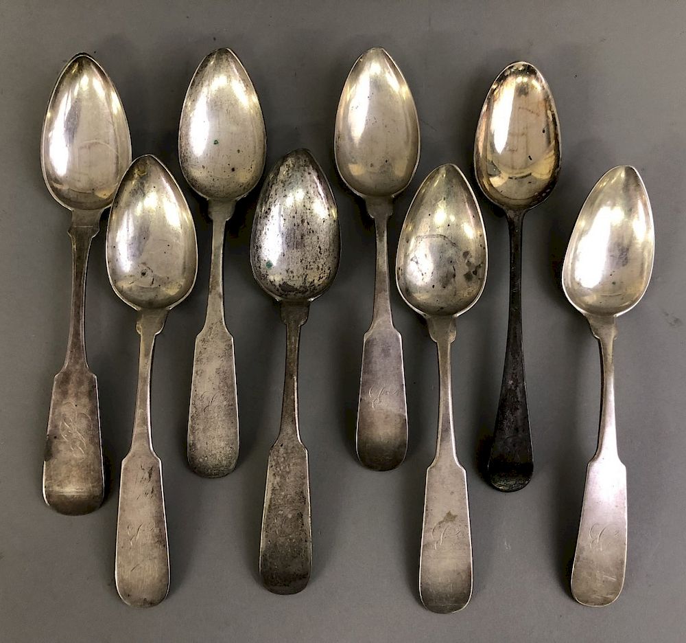 Appraisal: Eight Coin Silver Tablespoons Six coin silver tablespoons by W