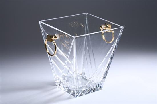 Appraisal: CUT-CRYSTAL ICE BUCKET th century Flaring rectangular brass ring handles