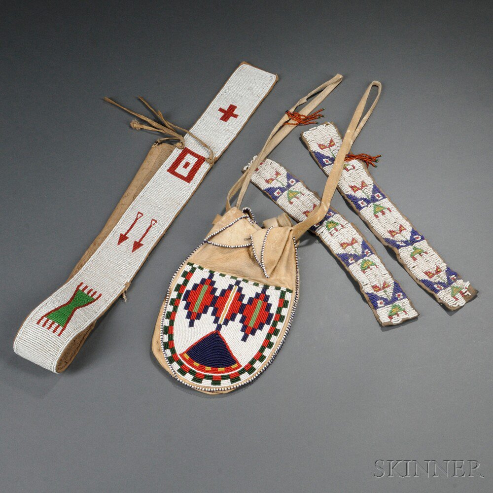 Appraisal: Four Plains Beaded Items two Sioux beaded hide armbands damage