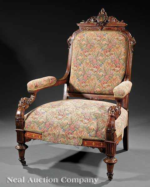 Appraisal: An American Renaissance Carved Rosewood and Gilt-Incised Armchair late th