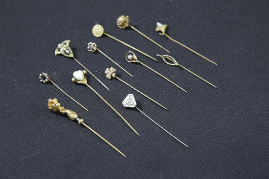 Appraisal: LOT OF STICK PINS Twelve pins all either marked or