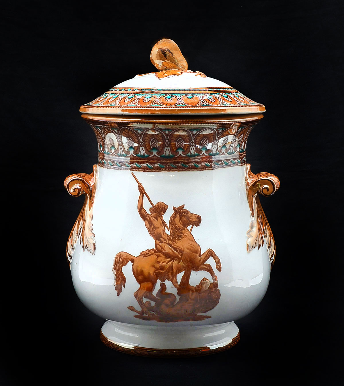 Appraisal: EXTRAORDINARILY LARGE FURNIVALS LUSTER POTTERY COVERED URN Impressed mark FURNIVALS