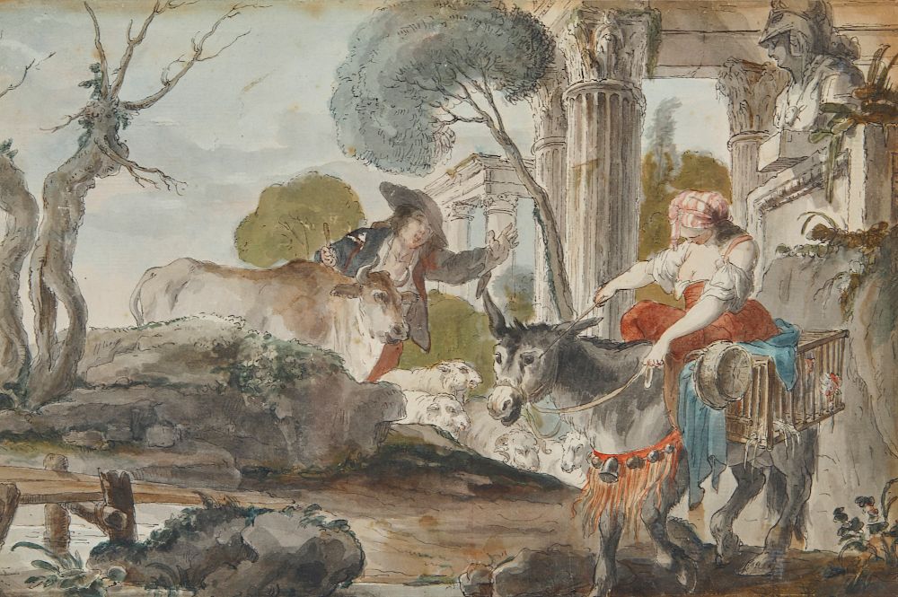 Appraisal: CONTINENTAL SCHOOL th century Figures in an Italian Landscape watercolor