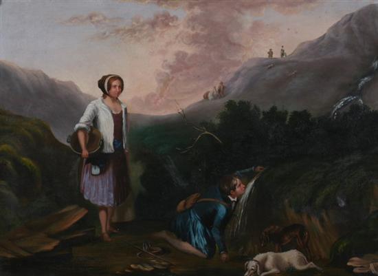 Appraisal: CONTINENTAL SCHOOL th century TRAVELERS BY A MOUNTAIN STREAM oil