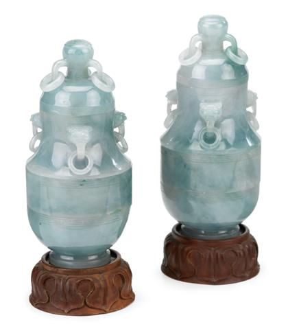 Appraisal: Pair of Chinese green jadeite vase-form boxes Qing dynasty