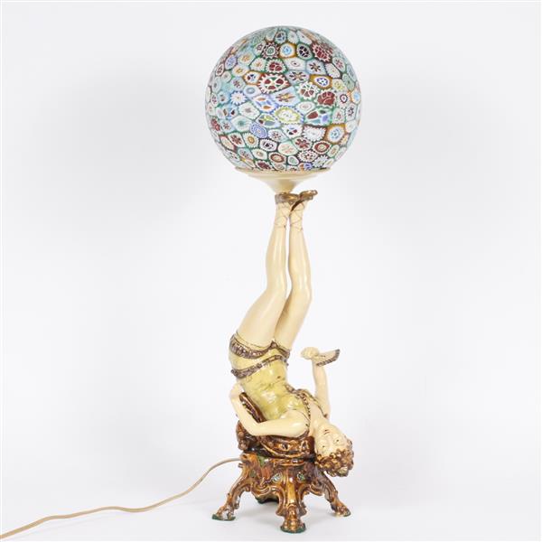 Appraisal: Painted Art Deco Juggler figural lamp with millefiore glass ball