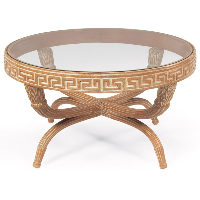 Appraisal: Maison Jansen style coffee table limed oak frame with carvedGreek