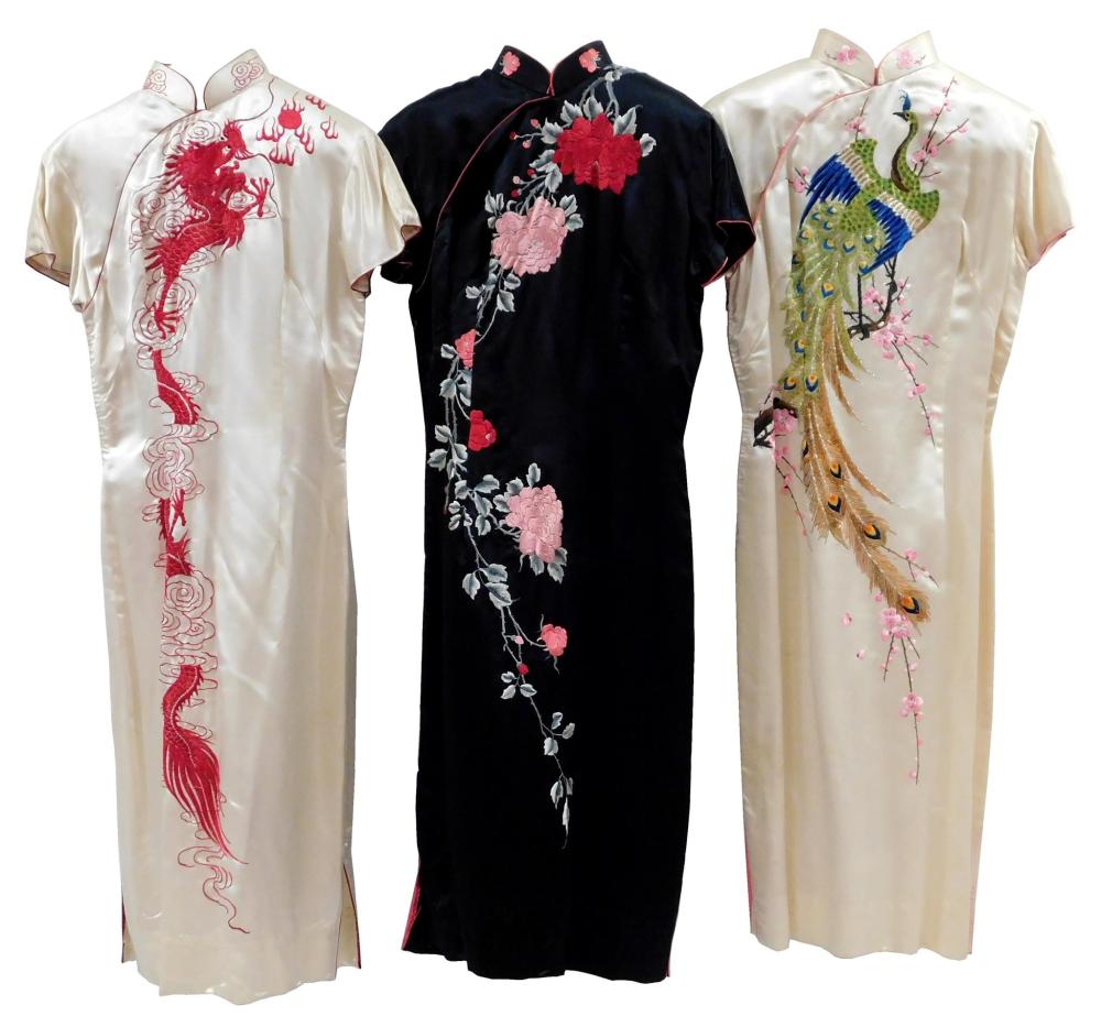 Appraisal: VINTAGE CLOTHING Three silk mandarin collar embroidered dresses Asian themed