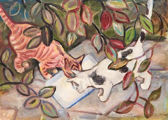 Appraisal: Two cats with bowl of milk oil on masonite x