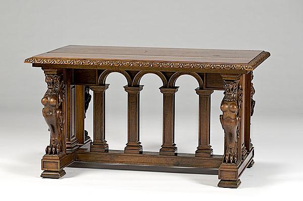 Appraisal: RENAISSANCE REVIVAL LIBRARY TABLE WITH CARVED LION MONOPODIUMS probably New