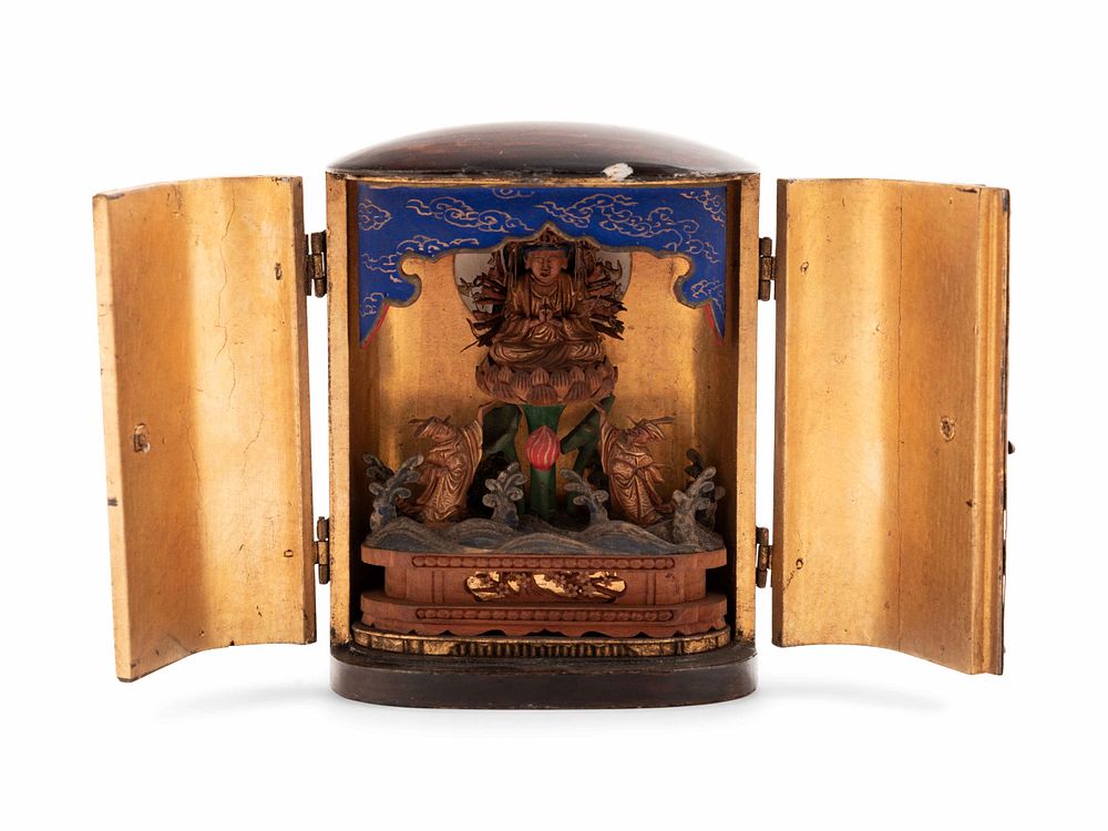 Appraisal: A Polychrome and Gilt Decorated Wood Traveling Shrine with a