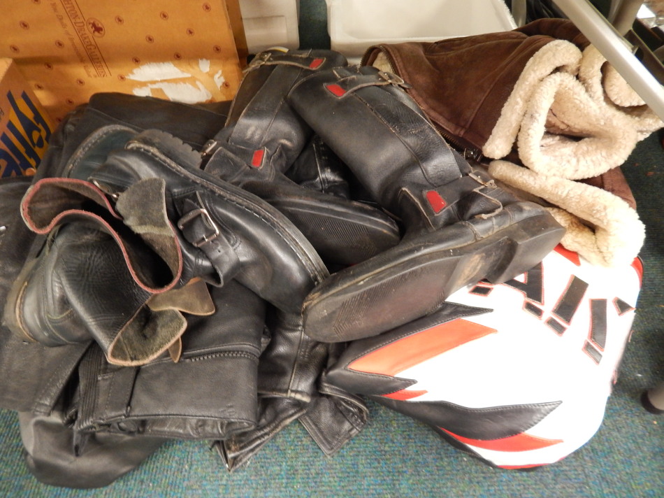 Appraisal: A quantity of motorbike leathers boots jacket etc