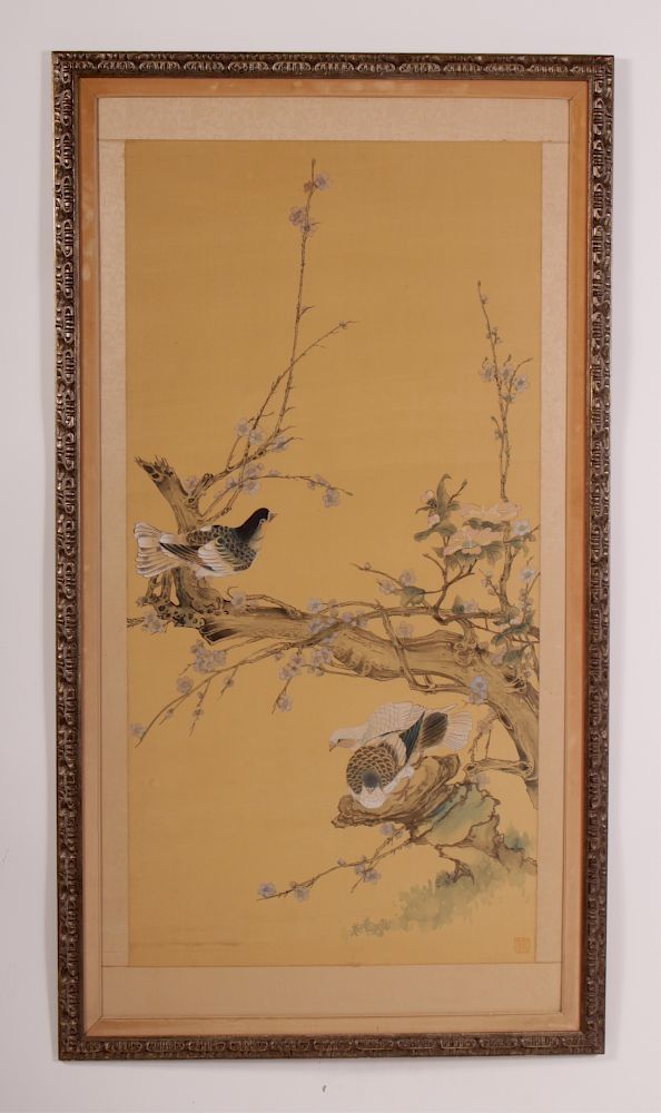 Appraisal: Chinese Painting Ink Color on Silk Pigeons on prunus branches