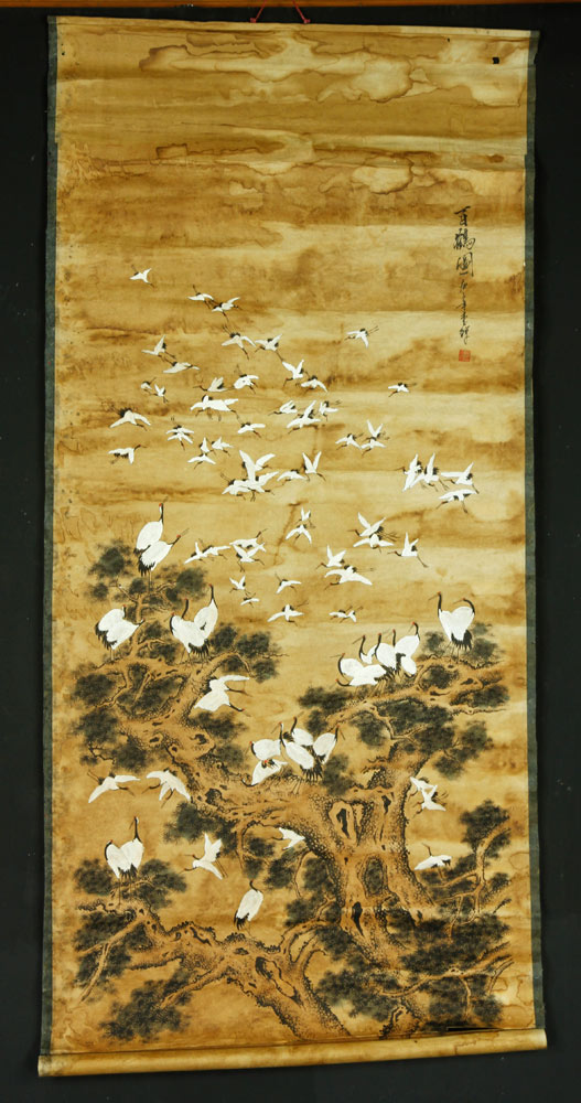 Appraisal: - Korean Scroll Painting Scroll painting on paper of cranes