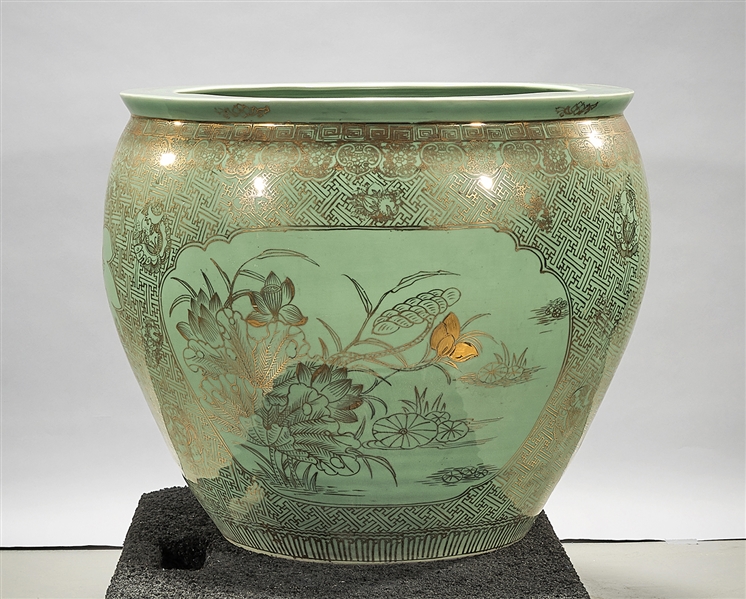 Appraisal: Chinese glazed porcelain fish bowl gilt painted pond scene motif