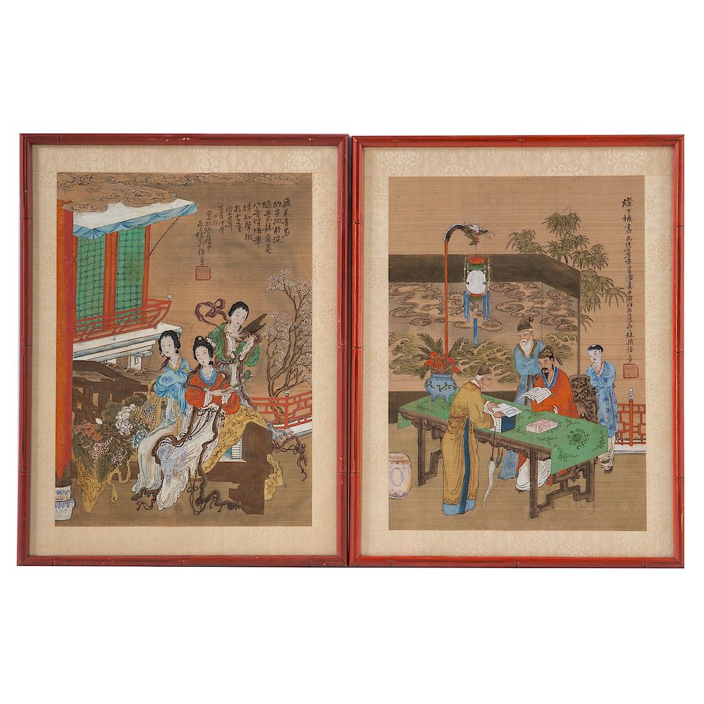 Appraisal: Pair Chinese School h Century Gouaches includes meeting of sages