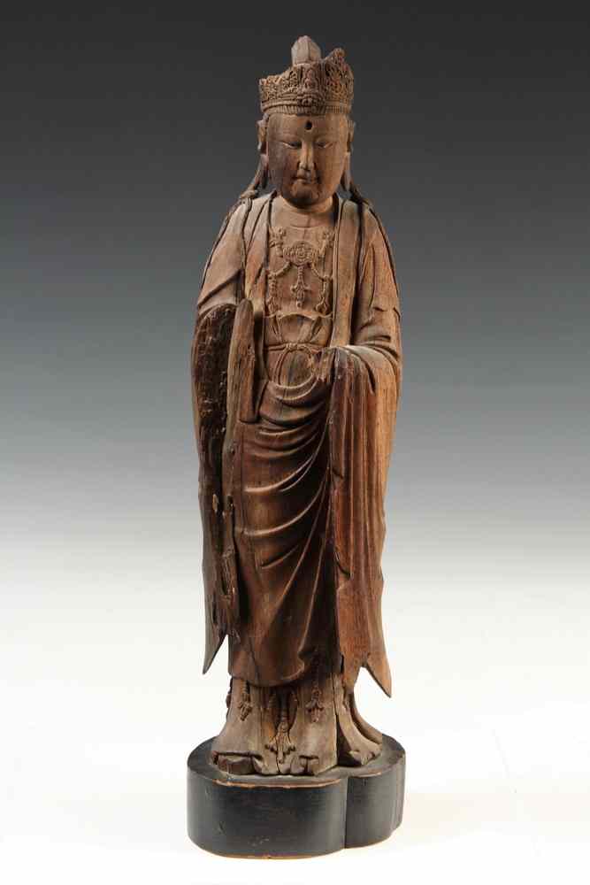 Appraisal: EARLY CHINESE WOOD FIGURE - Standing Hardwood Figure of Avalokitesvara