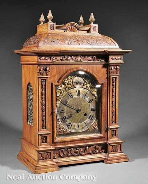 Appraisal: An Antique English Carved Walnut Bracket Clock c brass dial