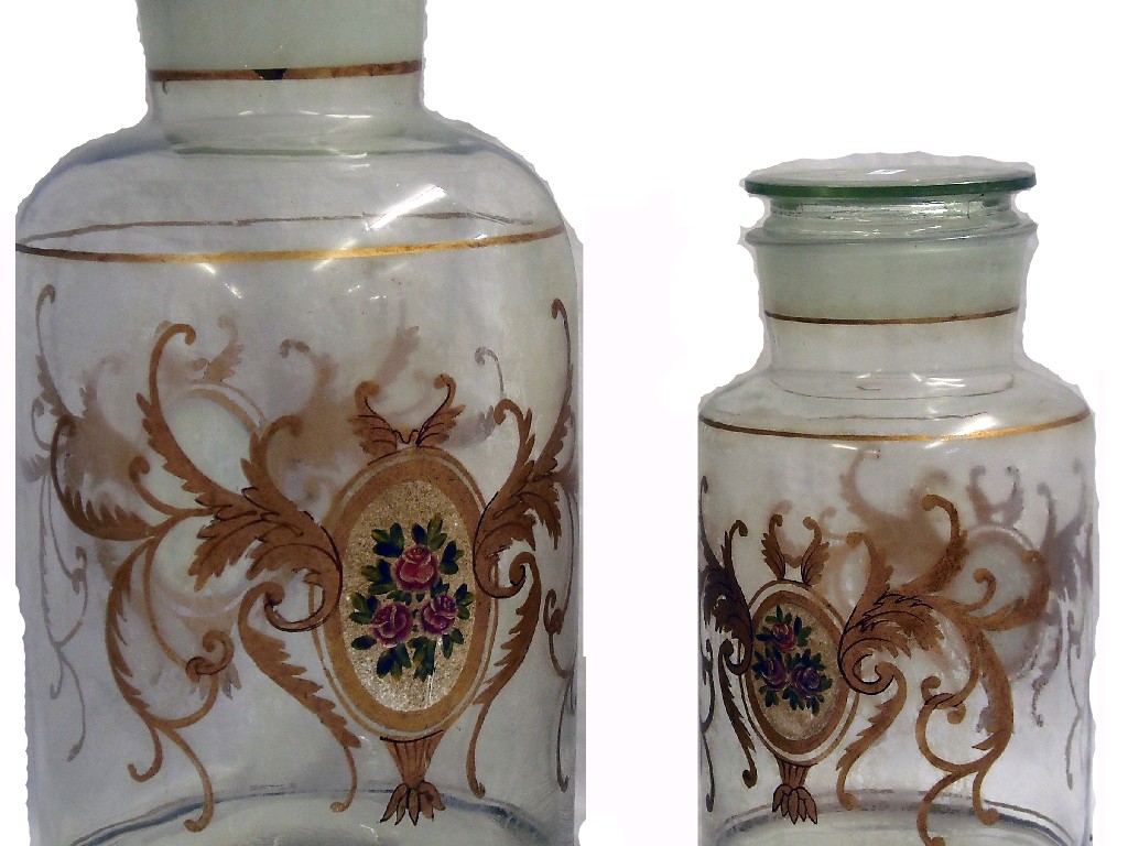 Appraisal: Two th century cylindrical shop storage jars with gilt hand