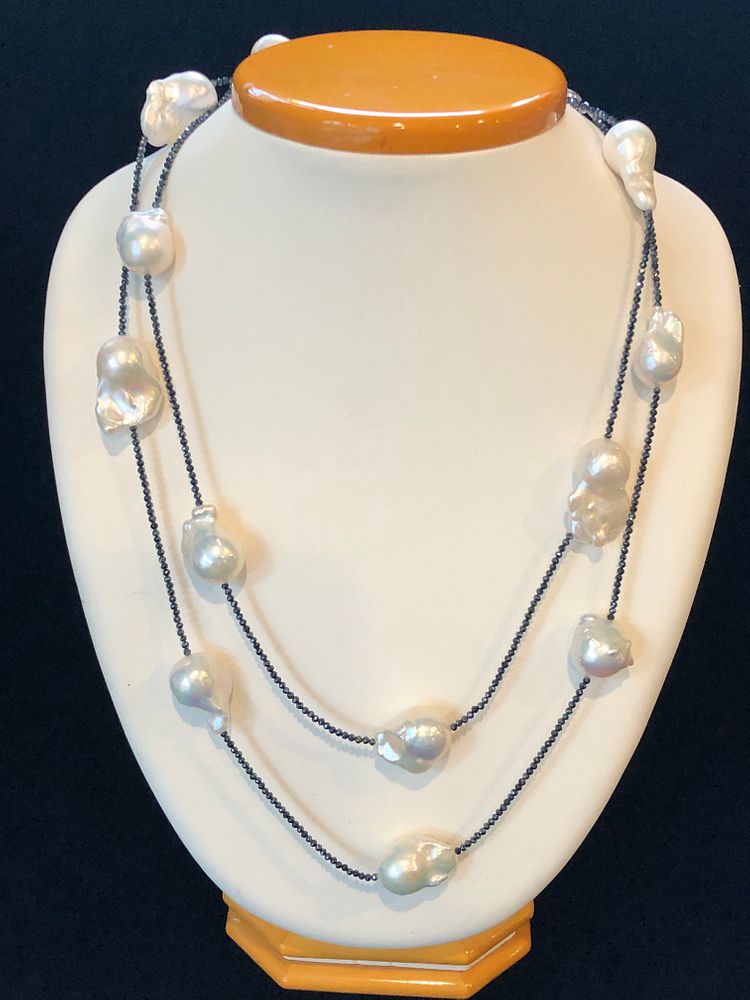 Appraisal: White Baroque Fresh Water Pearl Necklace on Spinel Strand mm