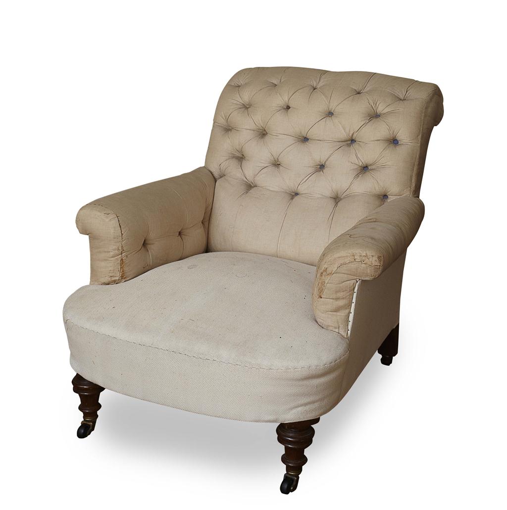 Appraisal: LATE VICTORIAN UPHOLSTERED EASY ARMCHAIR LATE TH CENTURY with light