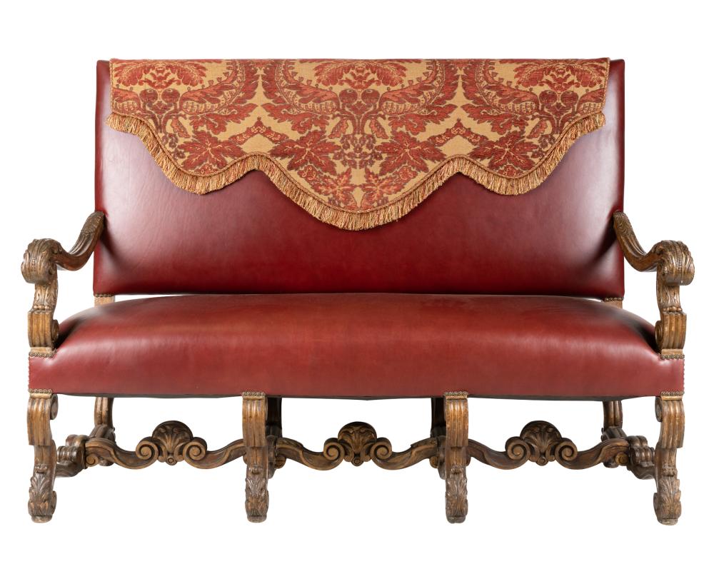 Appraisal: BAROQUE-STYLE CARVED WALNUT HALL BENCHcovered with burgundy leather the seat