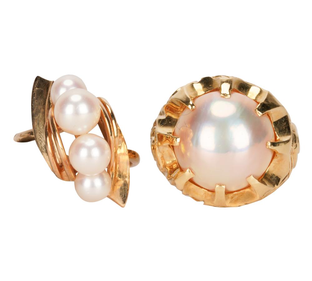 Appraisal: TWO YELLOW GOLD PEARL RINGSthe karat yellow gold ring centering