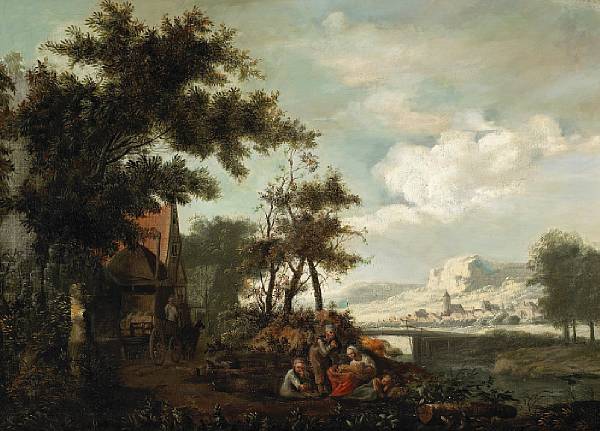 Appraisal: Dutch School th Century A family resting on a river