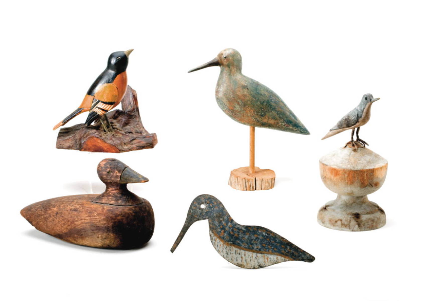 Appraisal: FIVE DECORATIVE BIRDS COMPRISING TWO SONG BIRDS A DUCK DECOY