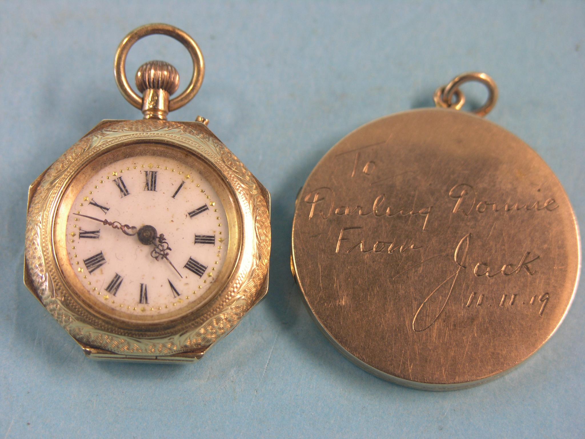 Appraisal: A lady's engraved ct gold fob watch octagonal-shape with enamel