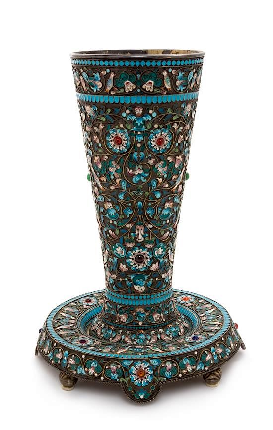 Appraisal: A Russian Enameled Silver Vase and Underplate Mark of Mikail