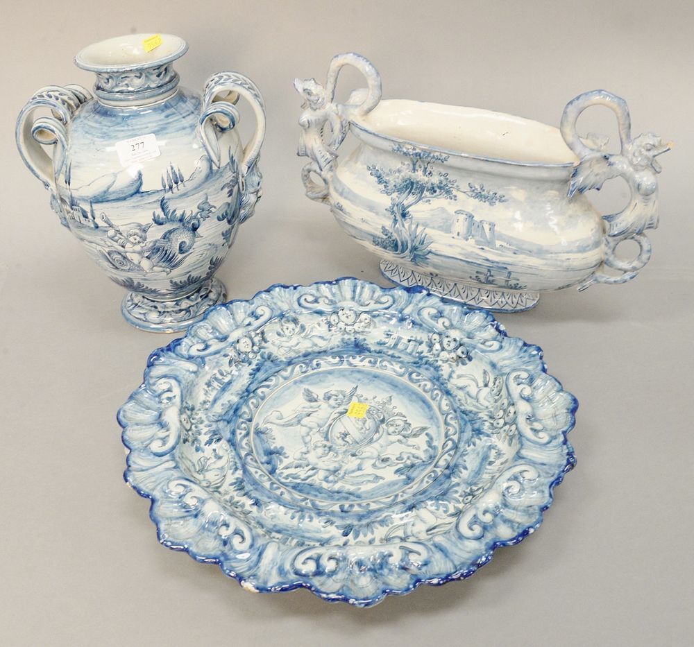 Appraisal: Three Faience blue and white glazed pottery pieces to include