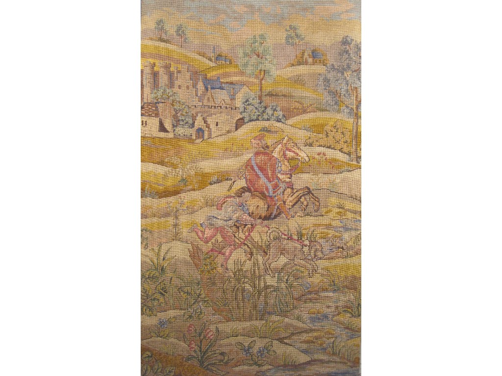 Appraisal: A gros point wool work Tapestry of castle and equestrian