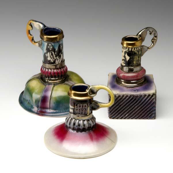 Appraisal: ERIK GRONBORG Three figural earthenware chambersticks one depicting Edie Sedgwick