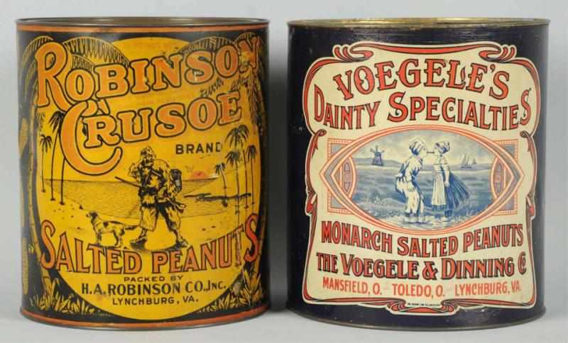 Appraisal: Robinson Crusoe Voegele's -lb Peanut Tins Wear crazing soiling small