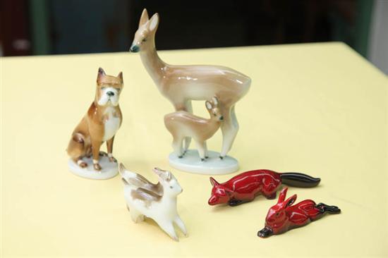 Appraisal: FIVE PORCELAIN PIECES Three Zsolnay figures Two rabbits h A